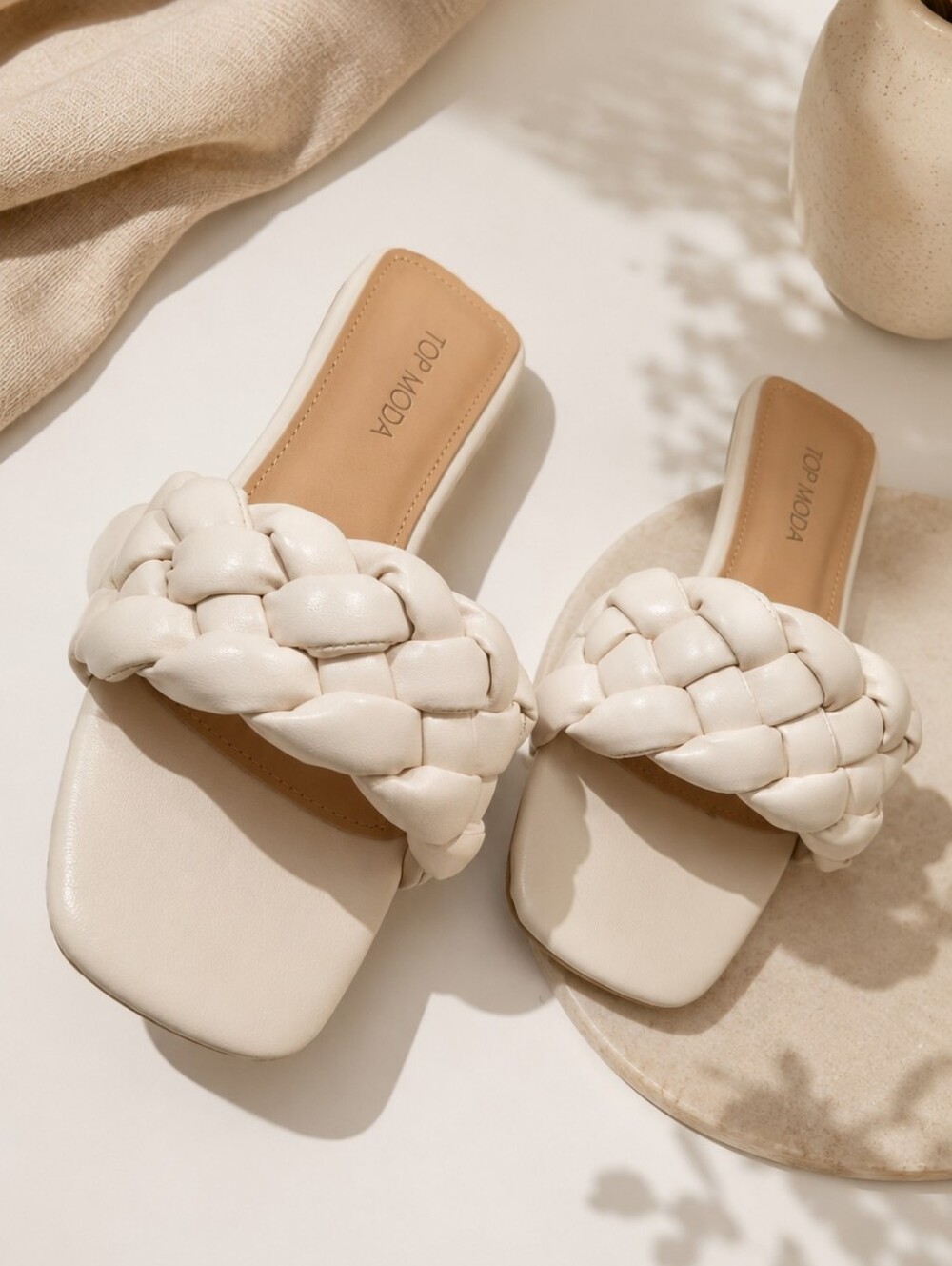 TOP Moda Cream Braided Slide Sandals with Square Toe